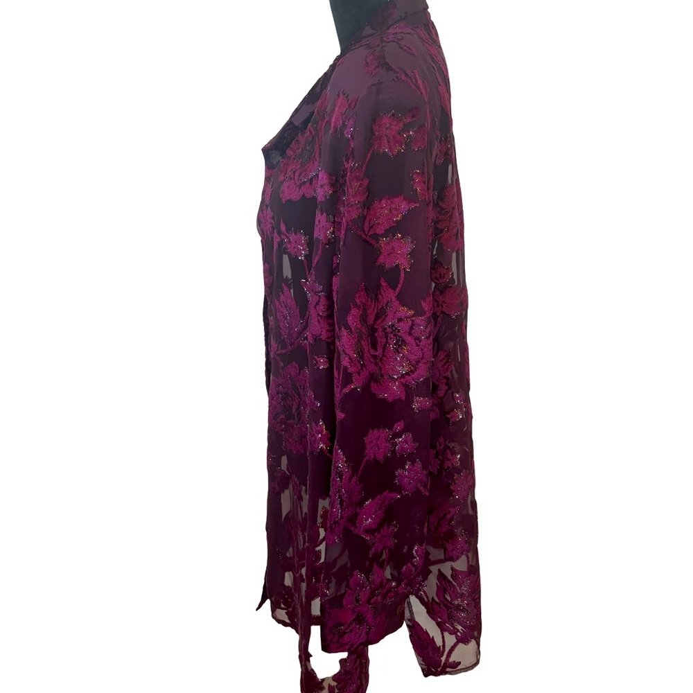 Burgundy Purple Burnout Velvet Floral Button Up Sheer Shirt Top 2X Whimsigoth - Picture 3 of 13